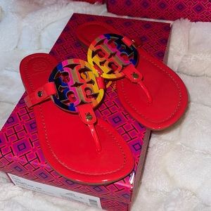 GREAT  CONDITION TORY BURCH MILLER SANDALS Vermillion Rainbow Logo